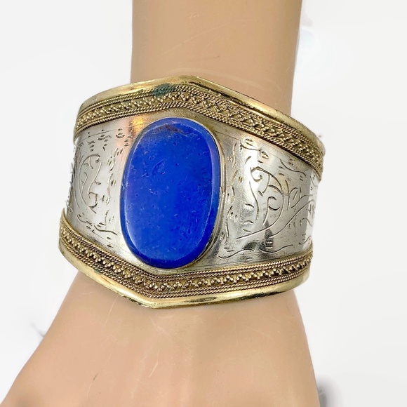 Vintage Lapis Bracelet: Afghan Middle Eastern Silver Brass Mixed Metal Boho #2 - Picture 5 of 6